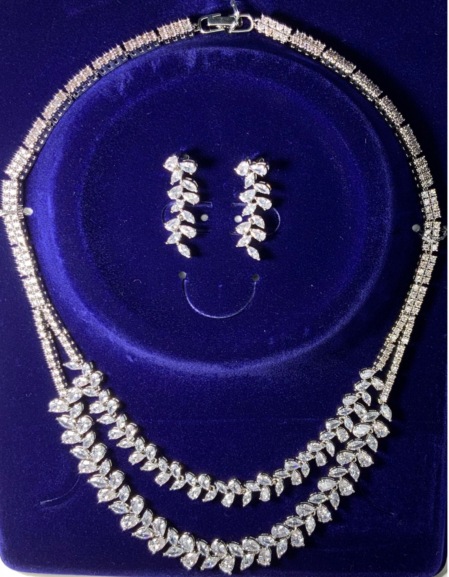 Conjunto de Joyas Boda 2 Capas Collar Pendientes Circonitas Color Oro Blanco