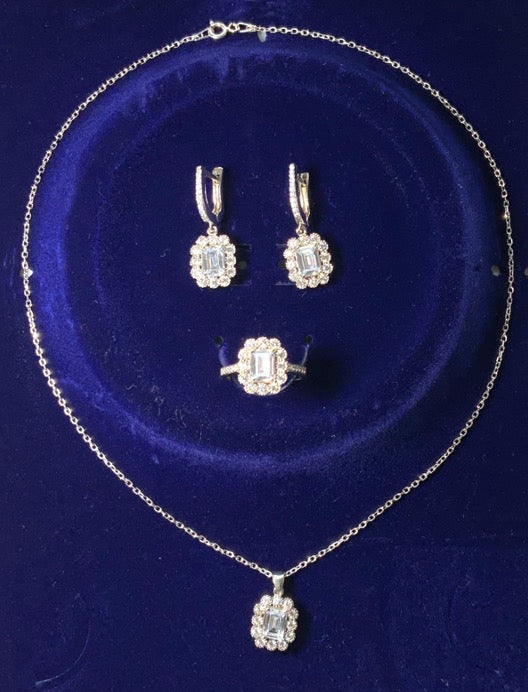 Conjunto de Joyas Color Blanco Zircon Collar Anillo Pendientes Plata S925