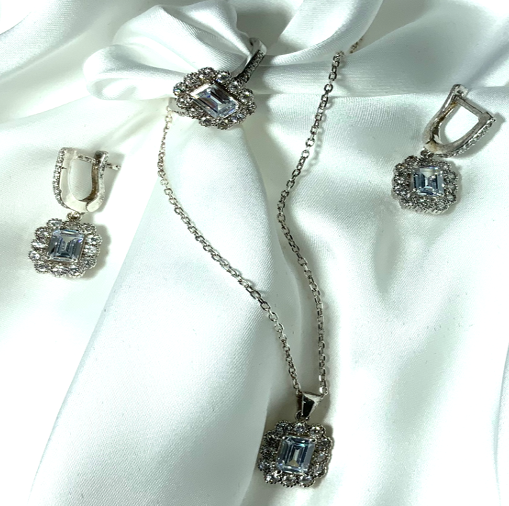 Conjunto de Joyas Color Blanco Zircon Collar Anillo Pendientes Plata S925