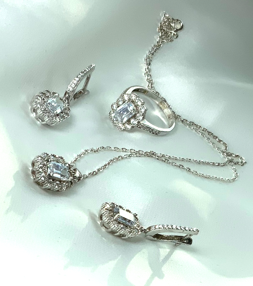 Conjunto de Joyas Color Blanco Zircon Collar Anillo Pendientes Plata S925