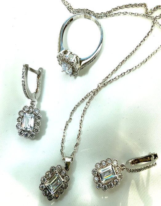 Conjunto de Joyas Color Blanco Zircon Collar Anillo Pendientes Plata S925