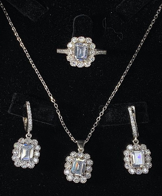 Conjunto de Joyas Color Blanco Zircon Collar Anillo Pendientes Plata S925