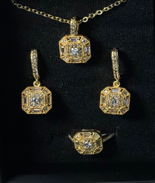 Conjunto de Joyas Circón Blanco Collar Anillo Pendientes