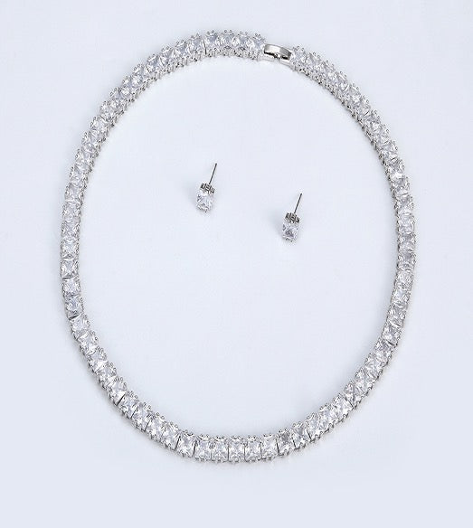 Conjunto de Joyas Collar Pendientes 6MM Circonitas Corte Princesa Oro Blanco