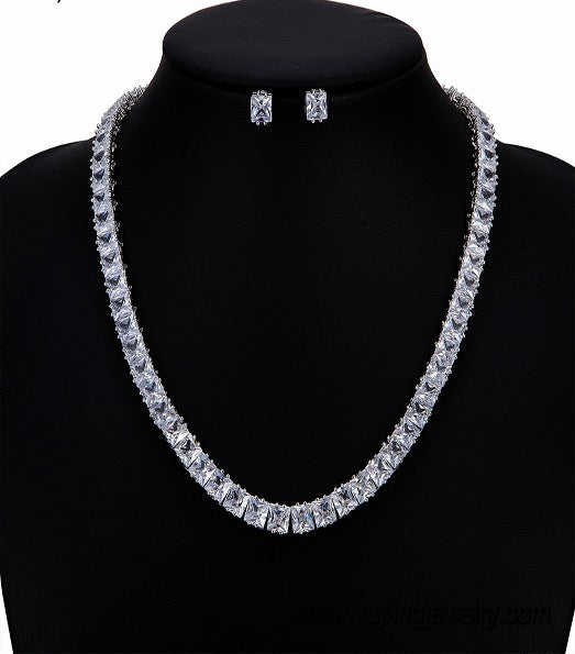 Conjunto de Joyas Collar Pendientes 6MM Circonitas Corte Princesa Oro Blanco