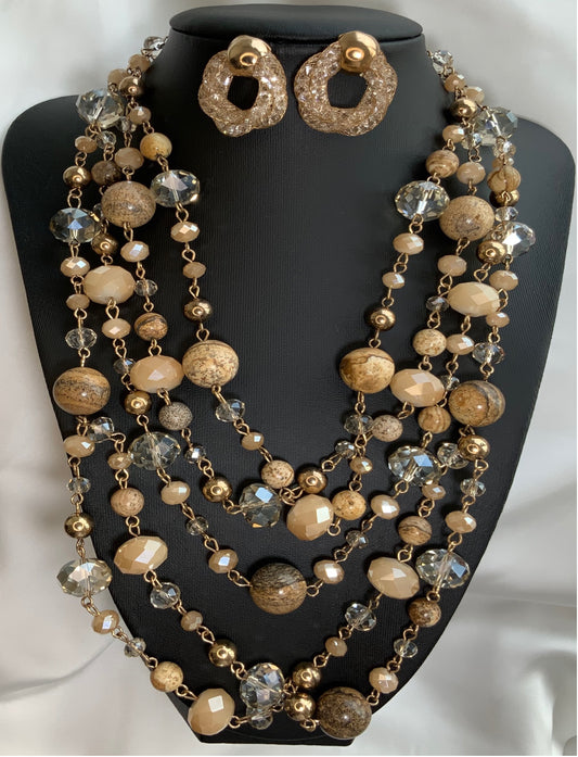 Jewelry Set Fashion Style Crystal Pearl Beige Color Stones Gold Plated Necklace Earrings