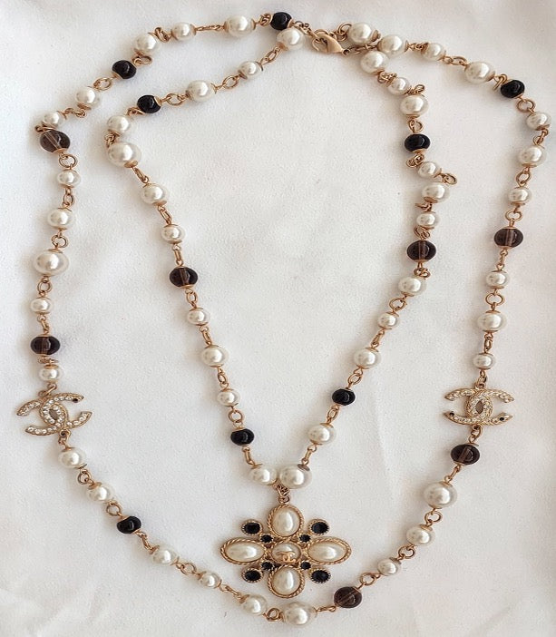 Collar Sautoir Preloved Rare Double Layered Pearl Crystal Stones Gran regalo para mujer