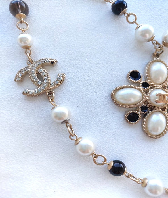 Collar Sautoir Preloved Rare Double Layered Pearl Crystal Stones Gran regalo para mujer