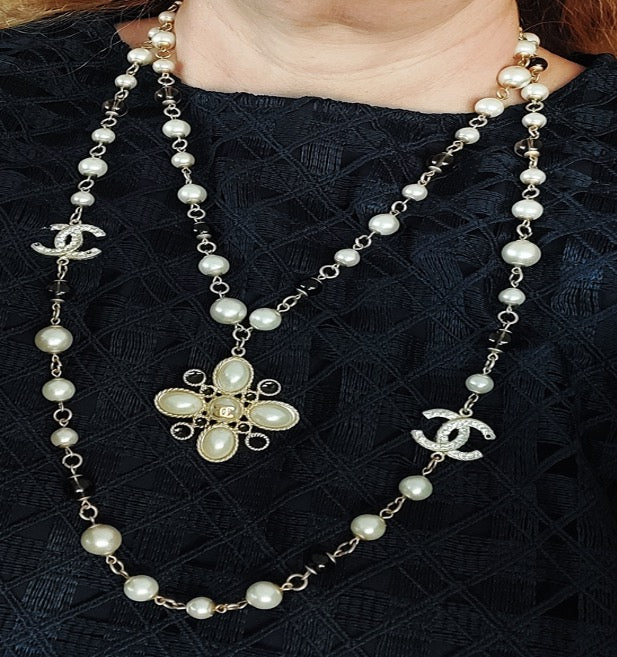 Collar Sautoir Preloved Rare Double Layered Pearl Crystal Stones Gran regalo para mujer