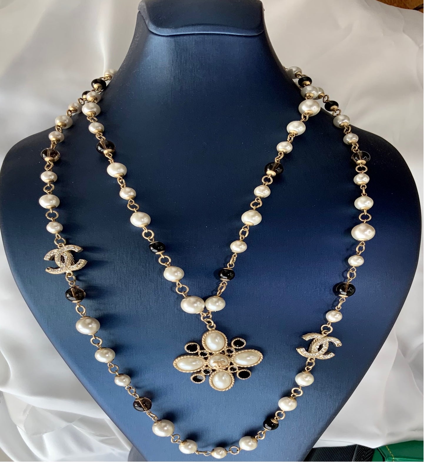 Collar Sautoir Preloved Rare Double Layered Pearl Crystal Stones Gran regalo para mujer