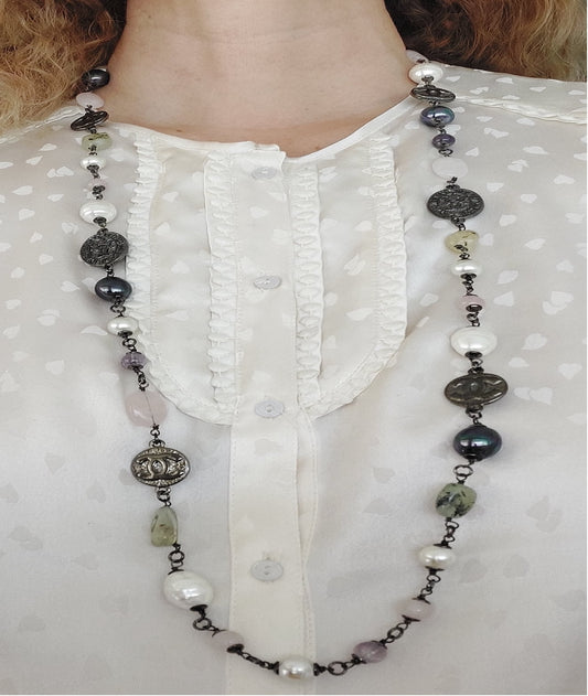 Sautoir Rare Preloved Necklace Gemstones Pearl Quartz Great Gift for Woman