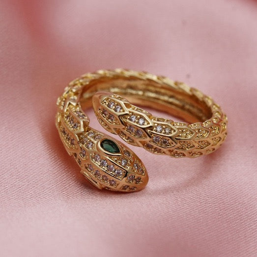 Ring Gold Plated Snake Shape Green Eye Zircon Gold Color Adjustable