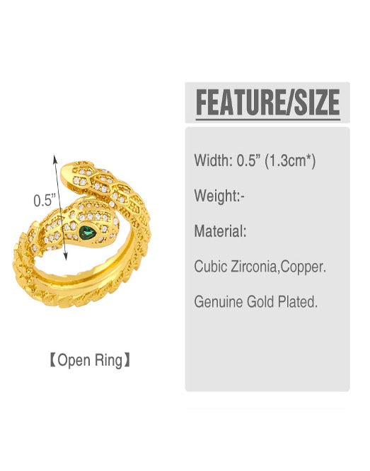 Ring Gold Plated Snake Shape Green Eye Zircon Gold Color Adjustable