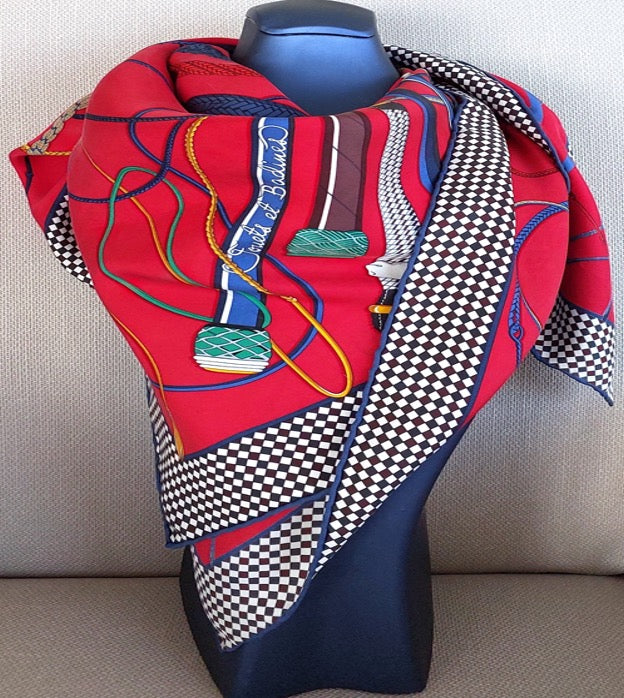 Pañuelo Mujer Pre-loved Vintage 100% Seda "Rendez-Vous Chez Hermès" Marrón Naranja y Azul