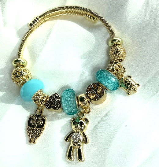 Pulsera Mujer Charm Pulsera Ajustable Color Oro Tortuga Oso Aqua Perla
