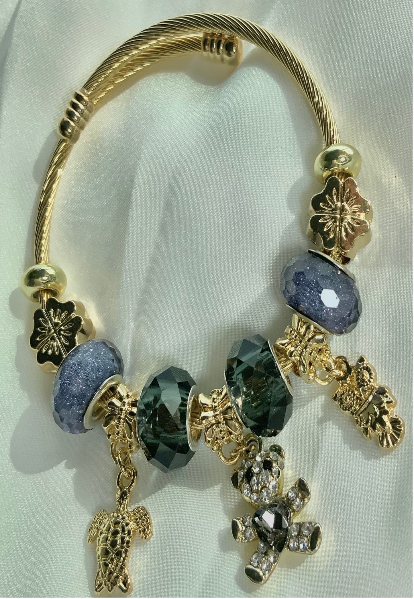 Pulsera con abalorio de mujer Color dorado Oso Tortuga Búho Cristal oscuro Zircon Brazalete ajustable