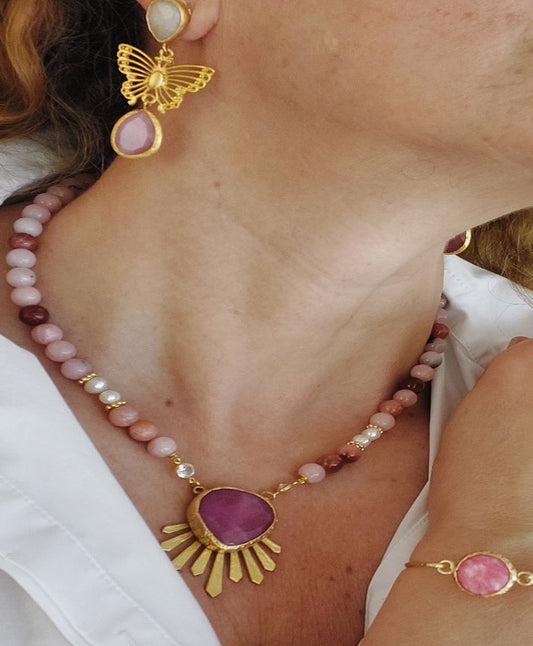Jewelry Set Necklace Earrings Bracelet 3 pieces Handmade Gemstones Rose Quartz Rhodochrosite Love Gift