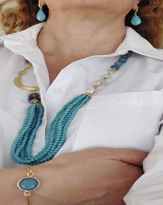 Jewelry Set Necklace Earrings Bracelet 3 pieces Handmade Gemstones Apatite Turquoise Amazonite Pearl Great for Gifts