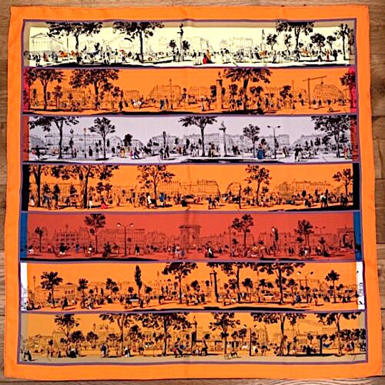 Pañuelo Pre-loved Mujer Seda Vintage “A L'OMBRE DES BOULEVARDS” Carré de soie Color Naranja