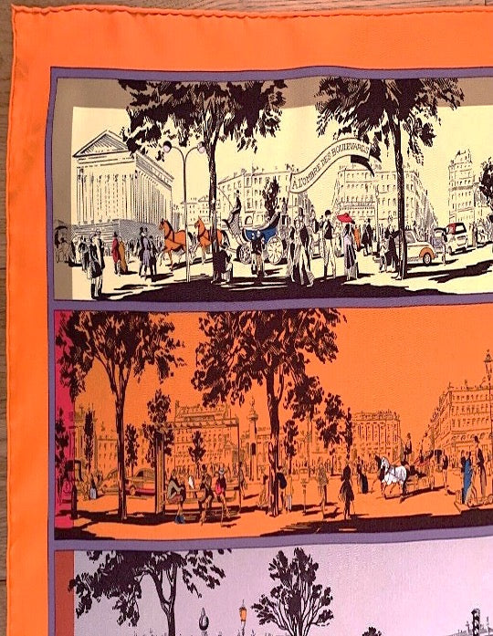 Pañuelo Pre-loved Mujer Seda Vintage “A L'OMBRE DES BOULEVARDS” Carré de soie Color Naranja