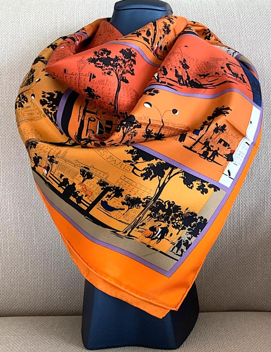 Pañuelo Pre-loved Mujer Seda Vintage “A L'OMBRE DES BOULEVARDS” Carré de soie Color Naranja