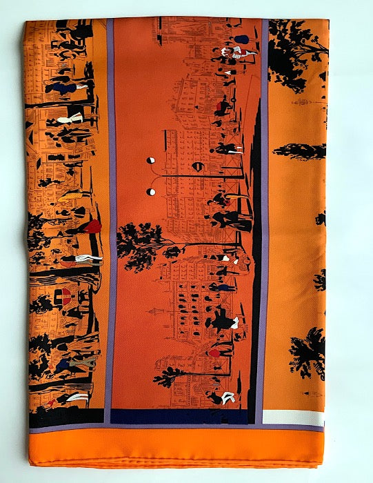 Pañuelo Pre-loved Mujer Seda Vintage “A L'OMBRE DES BOULEVARDS” Carré de soie Color Naranja