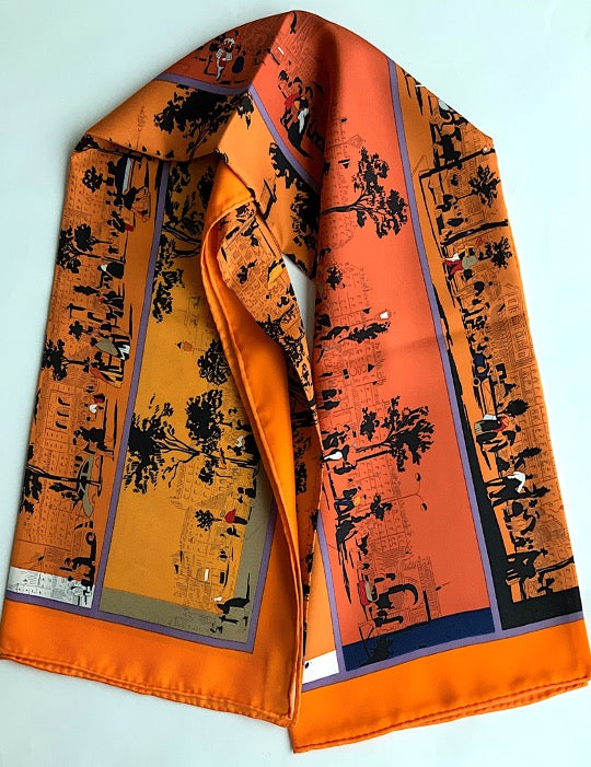 Pañuelo Pre-loved Mujer Seda Vintage “A L'OMBRE DES BOULEVARDS” Carré de soie Color Naranja