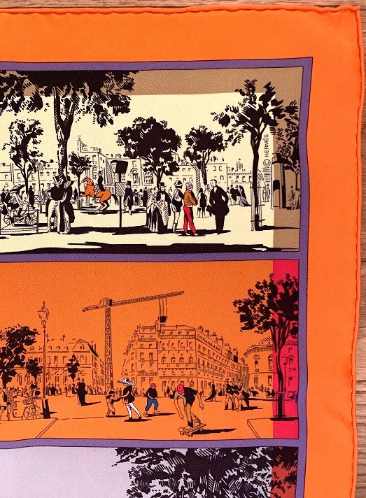 Pañuelo Pre-loved Mujer Seda Vintage “A L'OMBRE DES BOULEVARDS” Carré de soie Color Naranja