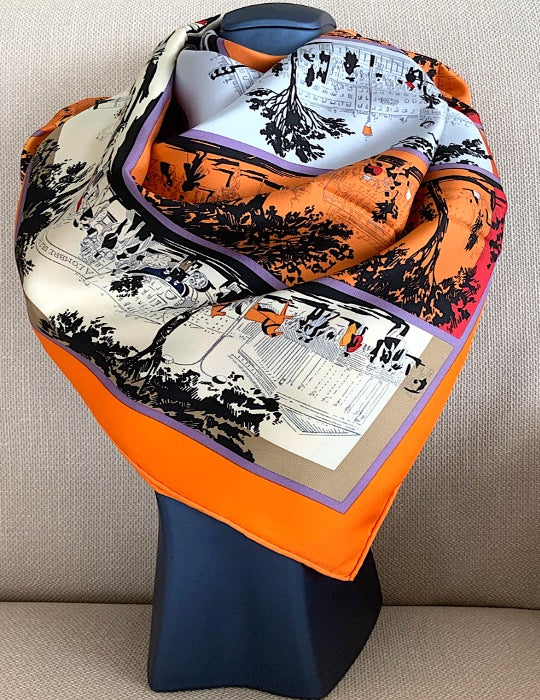 Pañuelo Pre-loved Mujer Seda Vintage “A L'OMBRE DES BOULEVARDS” Carré de soie Color Naranja
