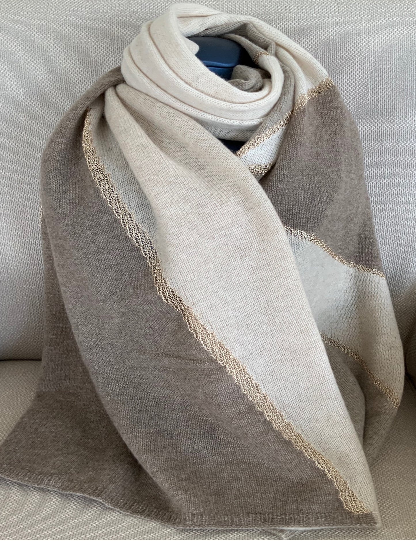 Shawl 100% Cashmere Naturel Shades of Brown Colors with Golden trim Great Gift