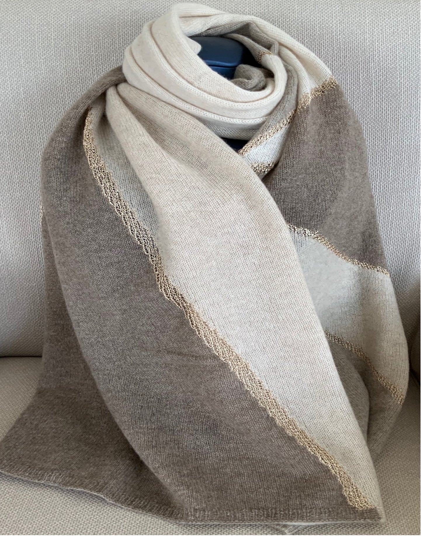 Shawl 100% Cashmere Naturel Shades of Brown Colors with Golden trim Great Gift