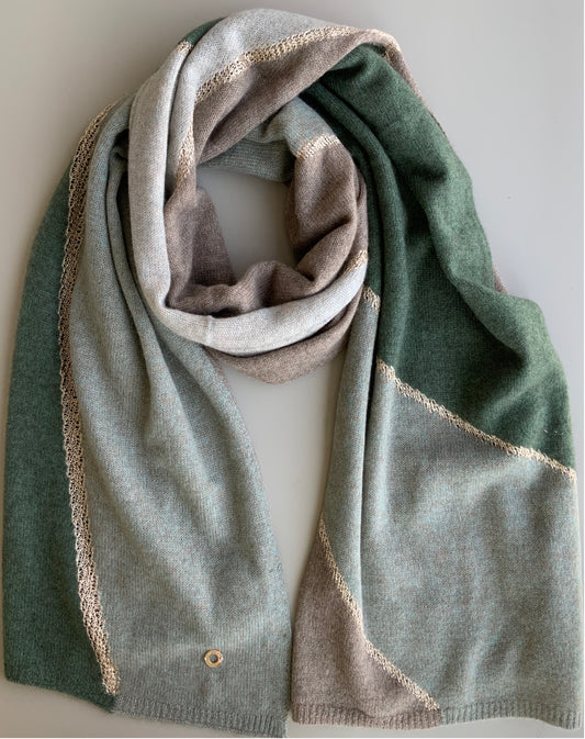 Shawl 100% Cashmere Naturel Shades of Green Colors with Golden trim Great Gift