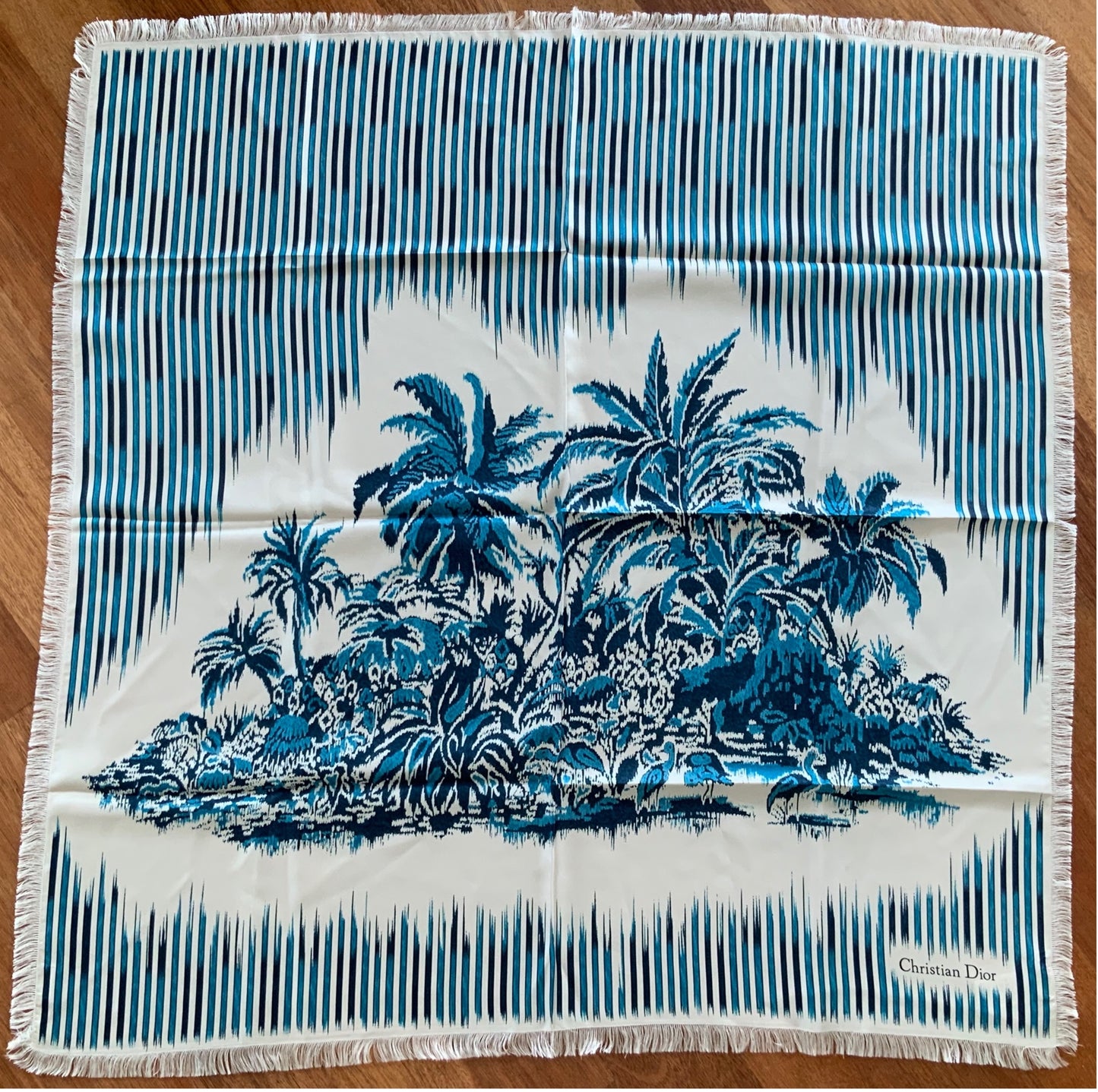 Pañuelo Mujer Pre-loved Seda Vintage Palmas Cuadrado en Colores Crema y Azul Marino