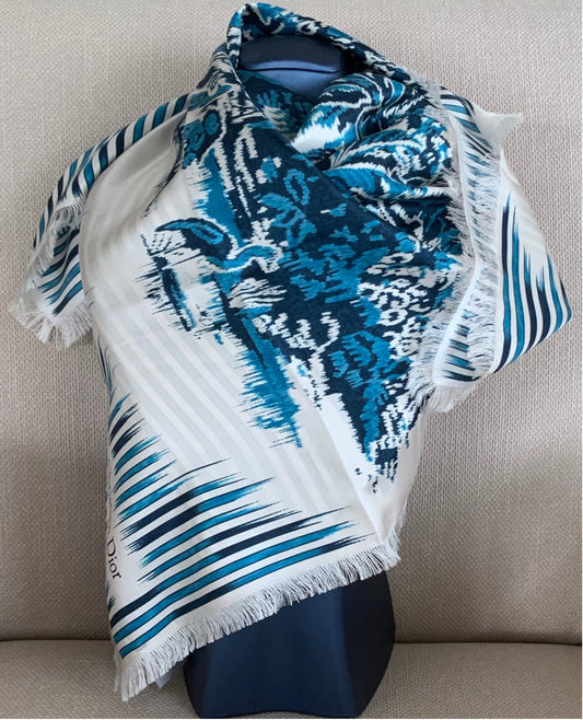 Woman Pre-loved Scarf Silk Vintage Christian Dior Palms Square on Cream and Blue Navy Colors
