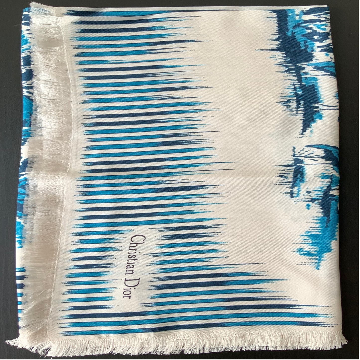 Pañuelo Mujer Pre-loved Seda Vintage Palmas Cuadrado en Colores Crema y Azul Marino