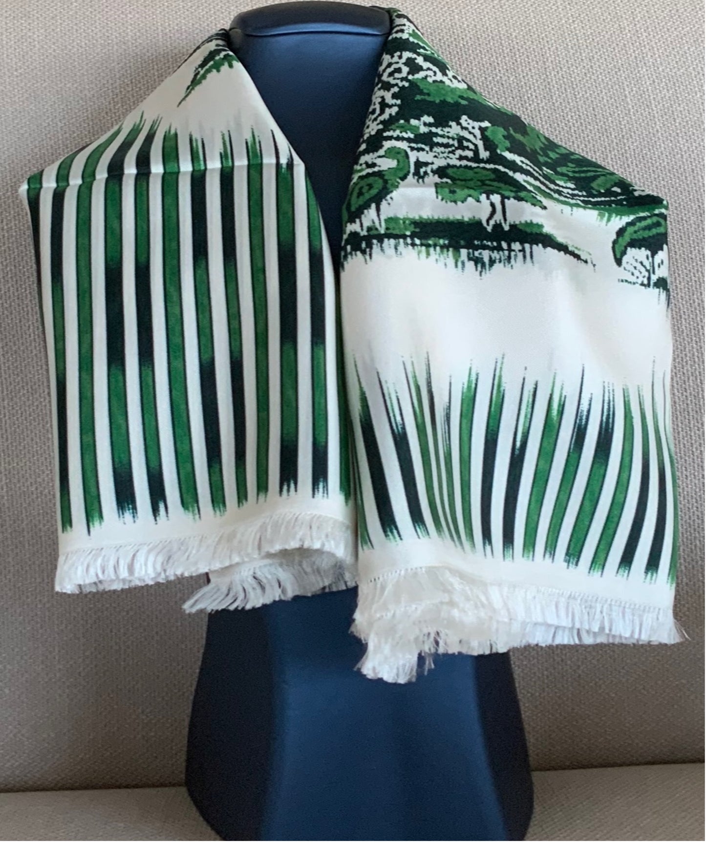 Woman Pre-loved Scarf Silk Vintage Christian Dior "Palms Square" on Cream and Green Colors Colors