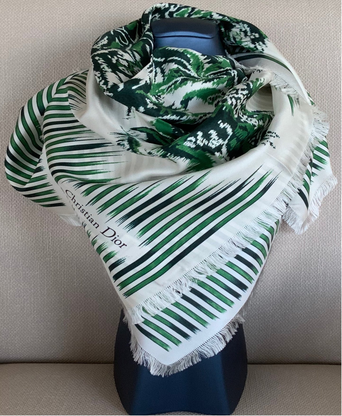 Woman Pre-loved Scarf Silk Vintage Christian Dior "Palms Square" on Cream and Green Colors Colors