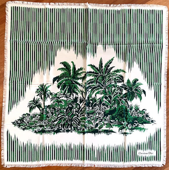 Woman Pre-loved Scarf Silk Vintage Christian Dior "Palms Square" on Cream and Green Colors Colors