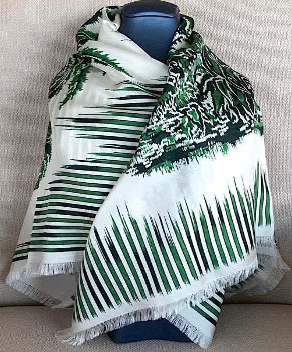 Woman Pre-loved Scarf Silk Vintage Christian Dior "Palms Square" on Cream and Green Colors Colors