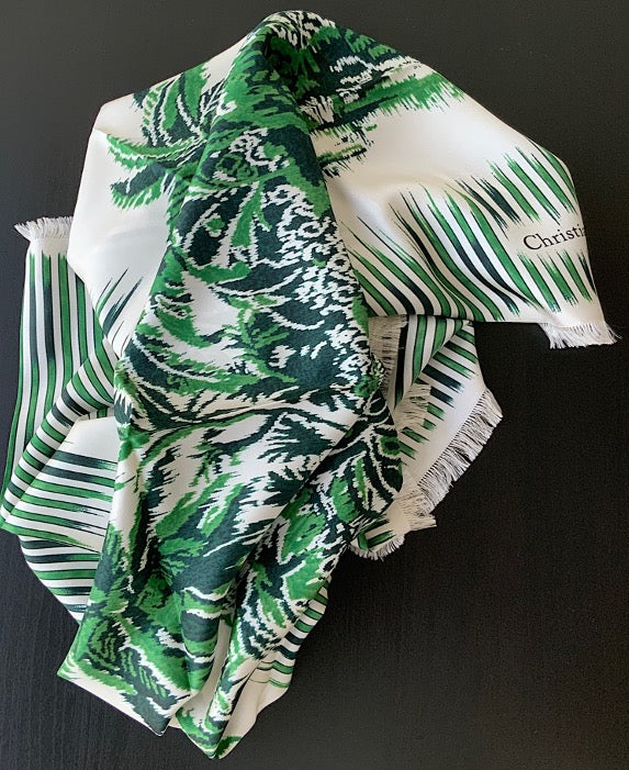 Woman Pre-loved Scarf Silk Vintage Christian Dior "Palms Square" on Cream and Green Colors Colors