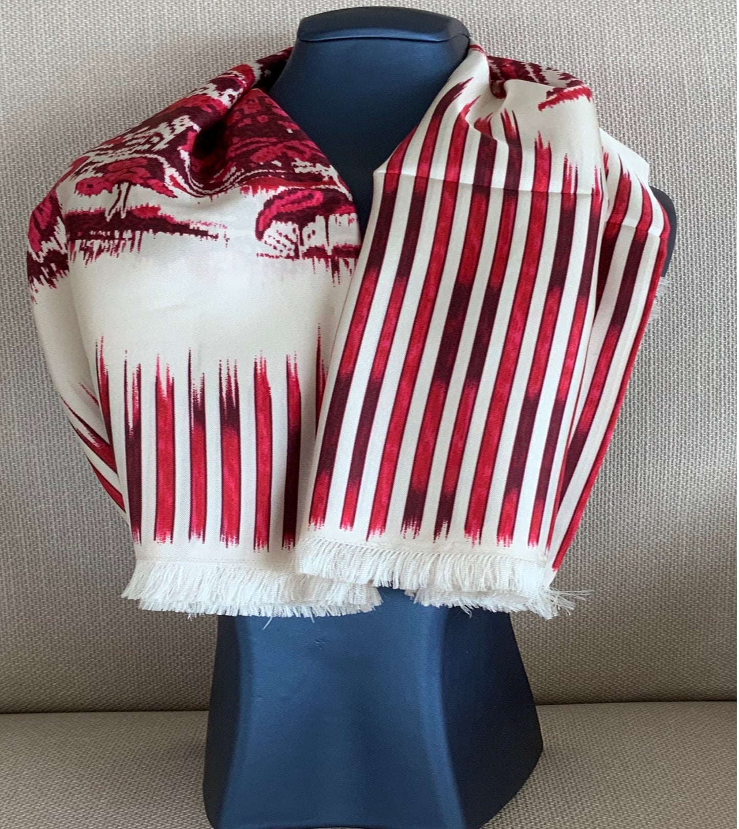 Woman Pre-loved Scarf Silk Vintage Christian Dior "Palms Square" on Cream and Red Burgundy Colors
