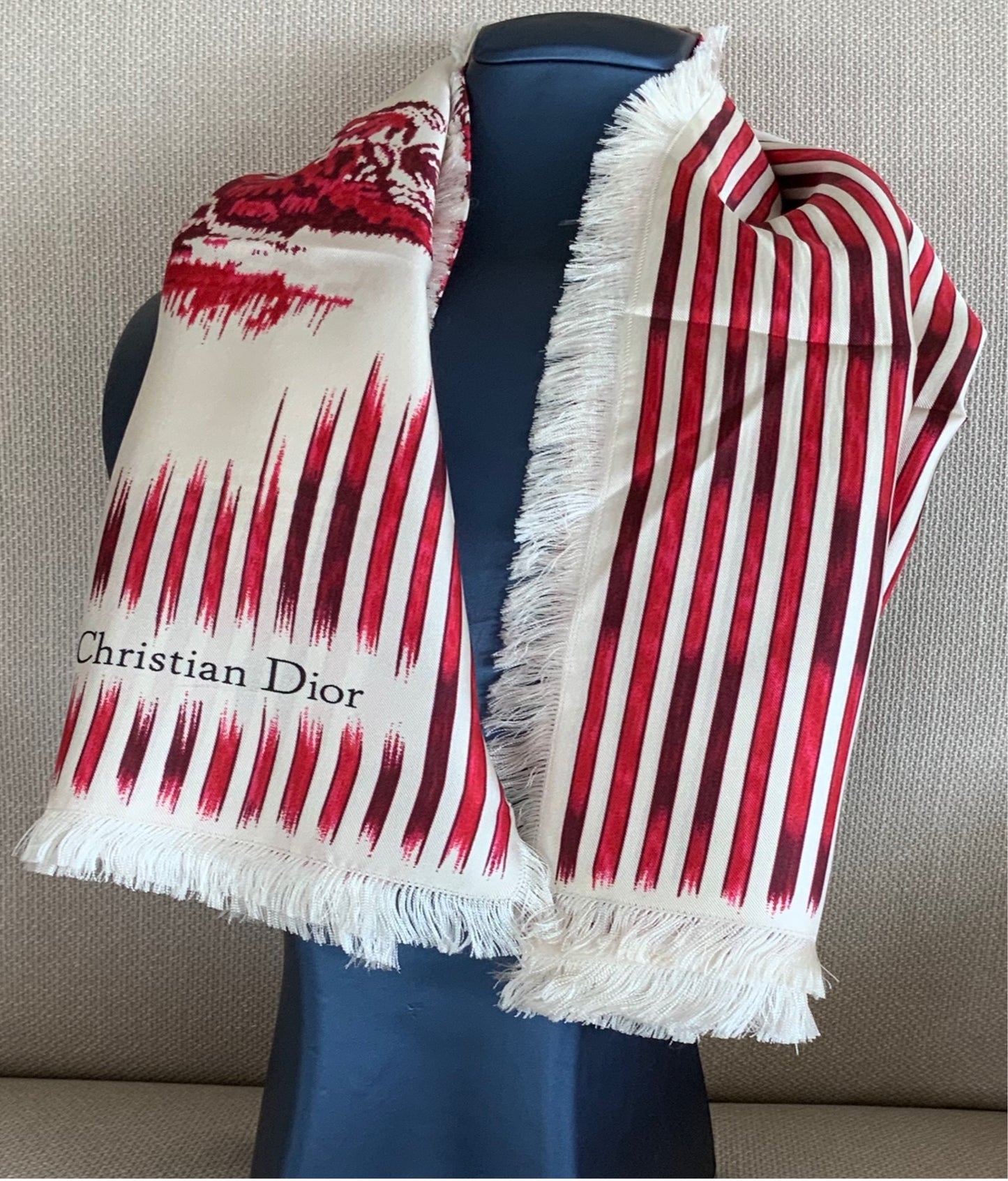 Woman Pre-loved Scarf Silk Vintage Christian Dior "Palms Square" on Cream and Red Burgundy Colors