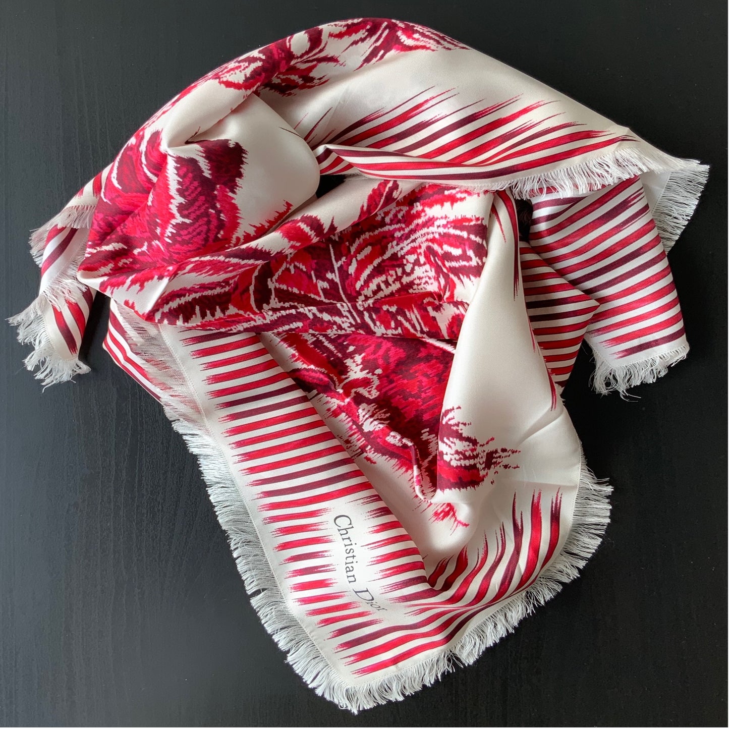 Woman Pre-loved Scarf Silk Vintage Christian Dior "Palms Square" on Cream and Red Burgundy Colors