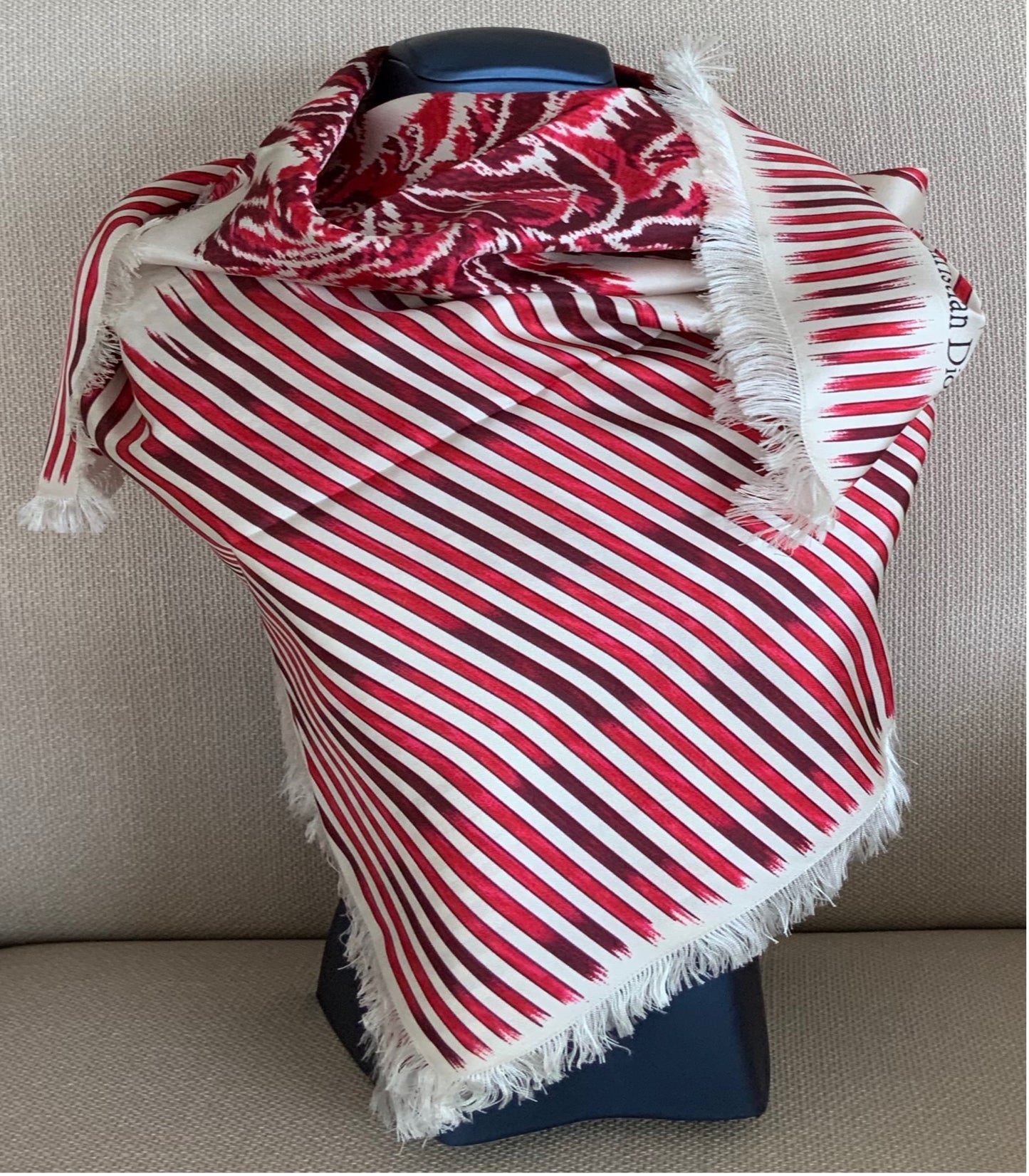 Woman Pre-loved Scarf Silk Vintage Christian Dior "Palms Square" on Cream and Red Burgundy Colors