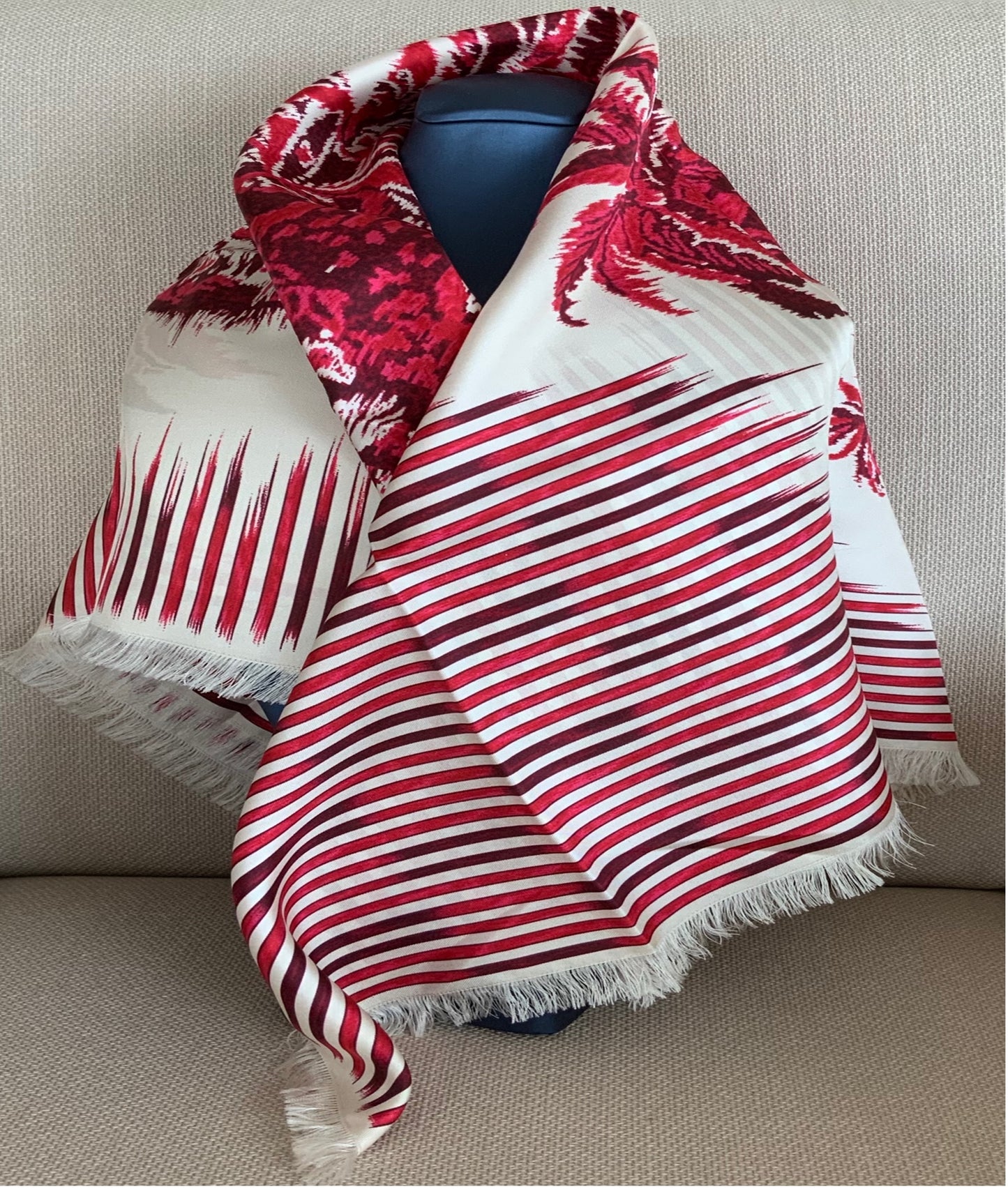 Woman Pre-loved Scarf Silk Vintage Christian Dior "Palms Square" on Cream and Red Burgundy Colors