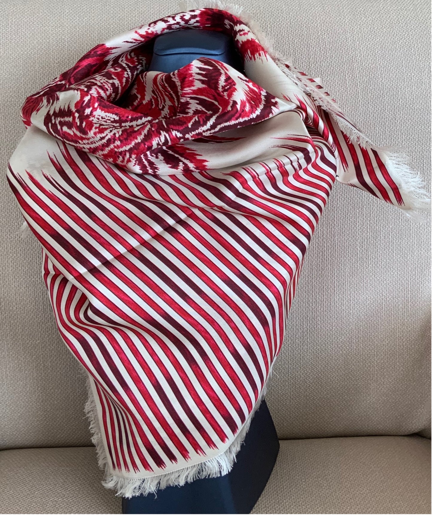 Woman Pre-loved Scarf Silk Vintage Christian Dior "Palms Square" on Cream and Red Burgundy Colors
