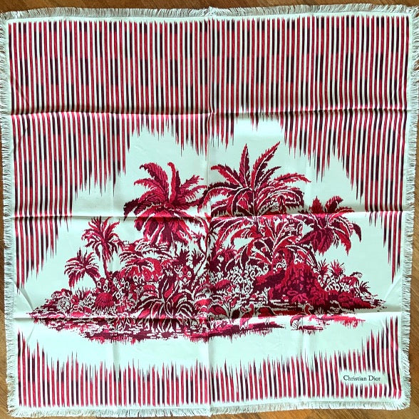 Woman Pre-loved Scarf Silk Vintage Christian Dior "Palms Square" on Cream and Red Burgundy Colors