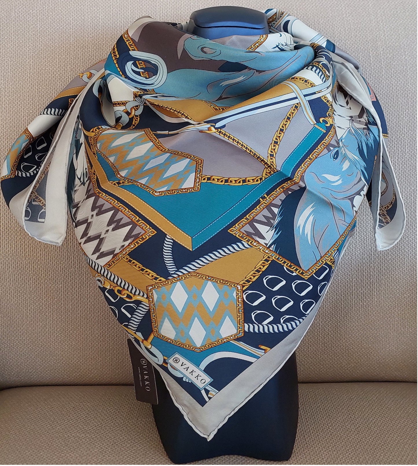 Woman 100% Silk Scarf Wild Horses design Blue Grey Gold Colours Hand rolled Stitch Great Gift