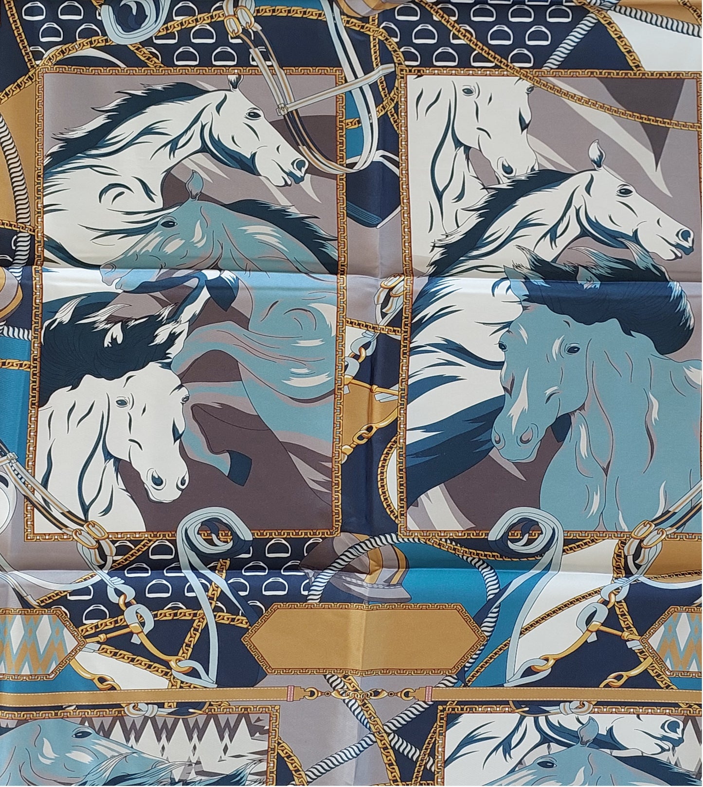Woman 100% Silk Scarf Wild Horses design Blue Grey Gold Colours Hand rolled Stitch Great Gift