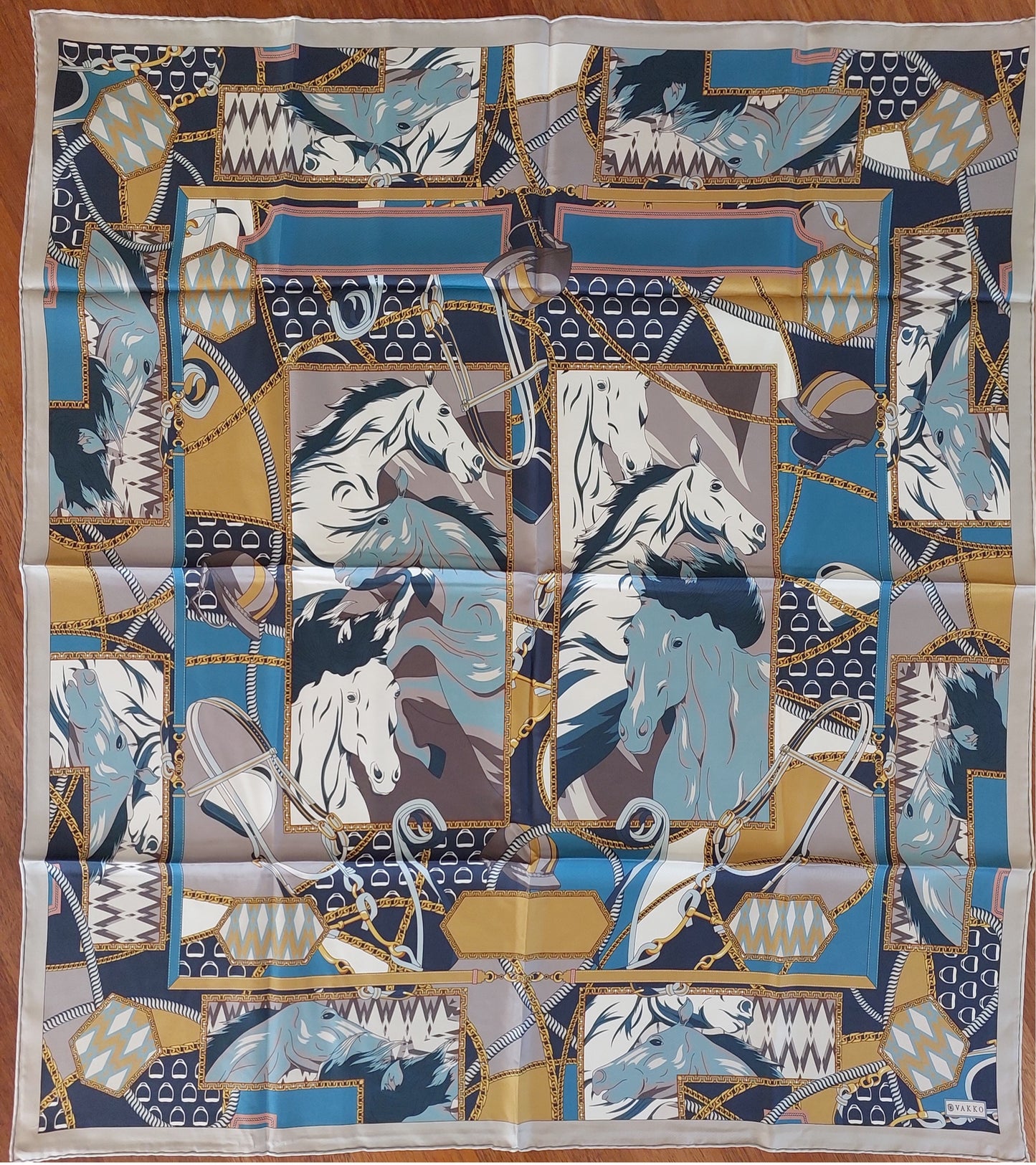Woman 100% Silk Scarf Wild Horses design Blue Grey Gold Colours Hand rolled Stitch Great Gift